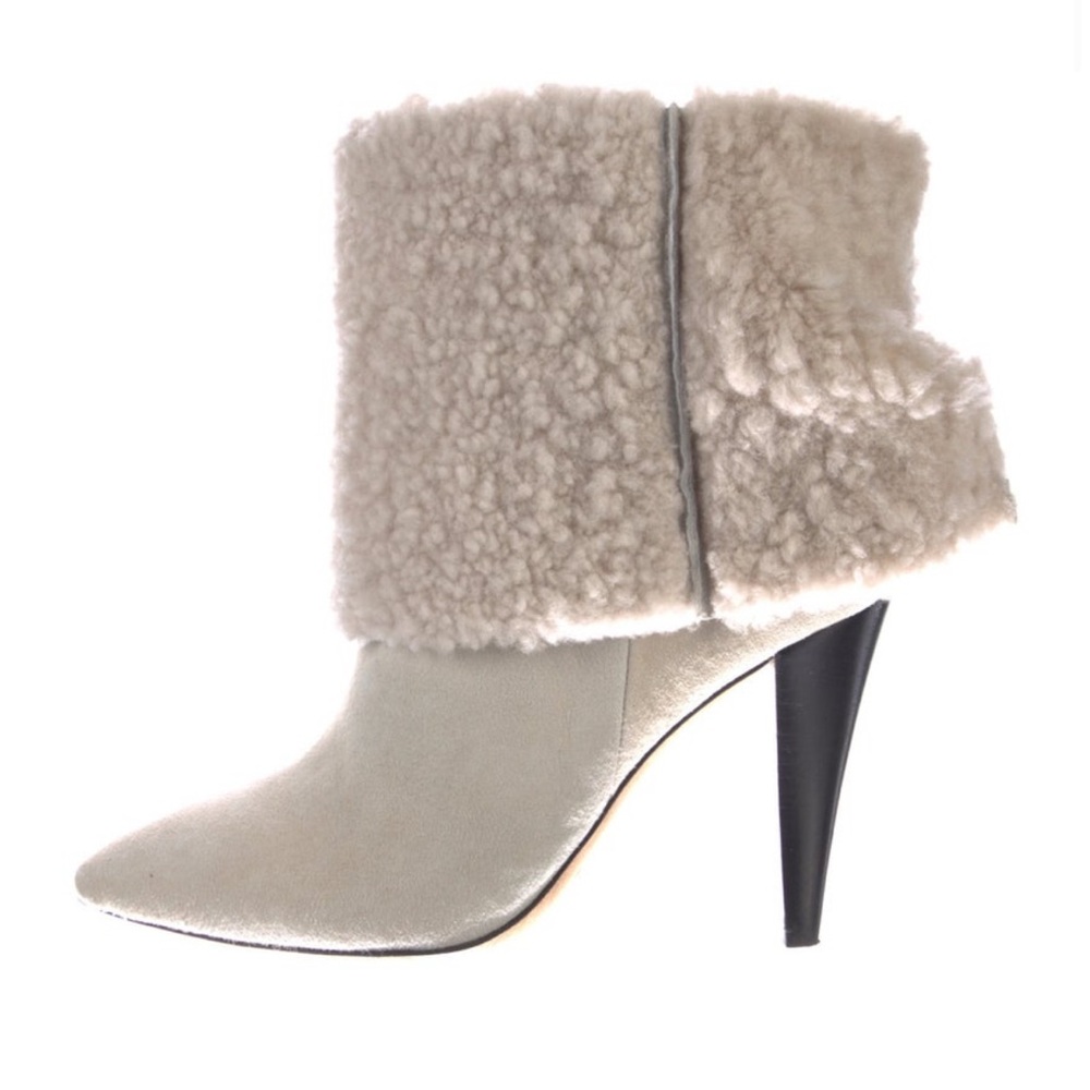IRO Cream and Gray Ankle Boots with Fur Trim